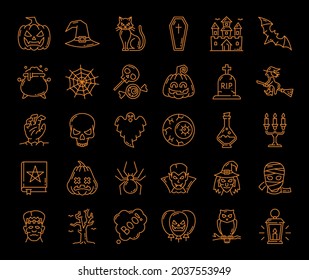 Halloween, ghost and pumpkin, witch and spider web, vector scary characters icons. Halloween holiday outline spooky monsters and skeleton with black cat and bat, witch hat and skull with candle