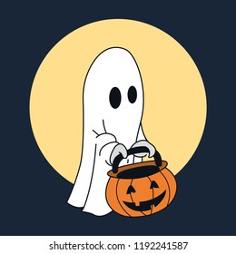 Halloween ghost and pumpkin.Vector illustration in a cartoon style,isolated on blue background. Elements for your Halloween.