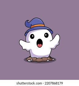 Halloween ghost raise from grave mascot, flat design style	
