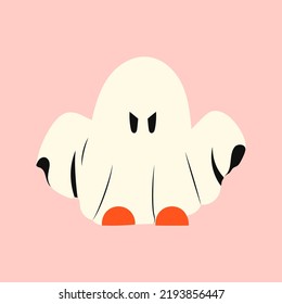 Halloween ghost with raised hands. Kawaii phantom in white clothes. Kawaii monster mystical drawing concept. Flat vector illustration isolated with pumpkins and holiday elements.