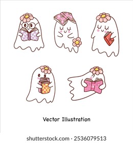 Halloween Ghost reading Bookish ghost Reading book vibes Trendy bookish png Book lover clipart Halloween gift Vector Illustrator