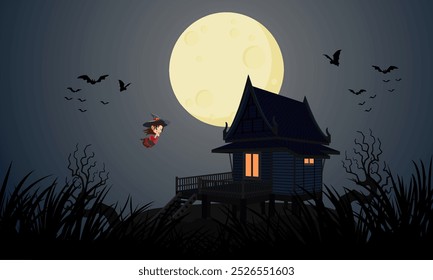 Noche de Autorización fantasma de Halloween. La bruja fantasma Krasue flota en el aire cerca de una casa encantada de estilo tailandés.