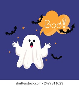 Halloween ghost says boo illustration on purple background. Scary and funny ghosts, bats on Halloween holiday children's flat concept. For seasonal holiday decor, cards, posters.