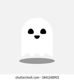 Halloween ghost, scary or cute cartoon spooky ghost, Halloween holiday. White stroke and shadow design. Isolated icon. Flat style vector illustration.