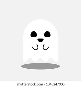 Halloween ghost, scary or cute cartoon spooky ghost, Halloween holiday. White stroke and shadow design. Isolated icon. Flat style vector illustration.
