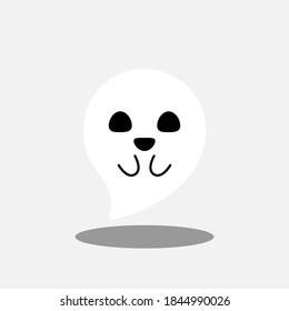 Halloween ghost, scary or cute cartoon spooky ghost, Halloween holiday. White stroke and shadow design. Isolated icon. Flat style vector illustration.