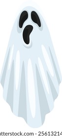 Halloween ghost screaming with mouth open wide and eyes looking, floating in the air with its classic white sheet, ideal for spooky and funny halloween projects