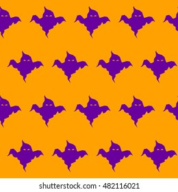 Halloween ghost seamless pattern background. Abstract halloween purple ghosts isolated on orange cover. Handmade geometric ghost pattern for design card, invitation, poster, notebook, album etc.