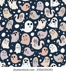 Halloween Ghost seamless pattern. Cute art print. Design for paper, covers, cards, fabrics, interior items and any. Vector illustration about Holiday. 