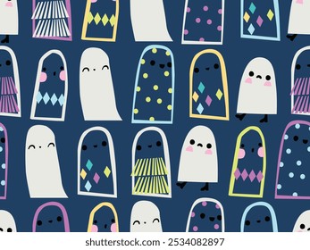 HALLOWEEN GHOST SEAMLESS PATTERN, CUTE GHOST CARTOON CHARCTER, DOODLE GHOST PATTERN IN VECTOR FILE