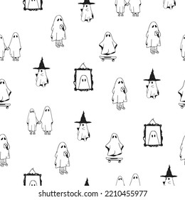 Halloween Ghost. Seamless Pattern. Doodle Drawings. Vector