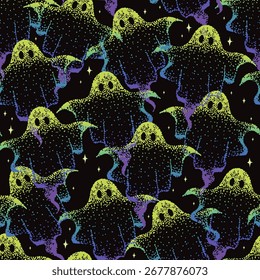 Fantasma de Halloween sin patrón. Fantasmas punteados aislados sobre fondo negro. Ilustración vectorial. Colores degradados