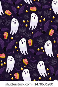 Halloween ghost seamless pattern on purple background. Cute halloween ghost and decoration pattern background. Halloween theme design vector illustration