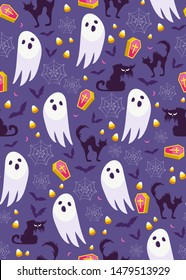 Halloween ghost seamless pattern on purple background. Cute halloween ghost and decoration pattern background. Halloween theme design vector illustration