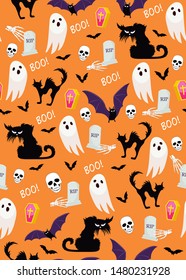 Halloween ghost seamless pattern on orange background. Cute halloween ghost and decoration pattern background. Halloween themes design vector illustration