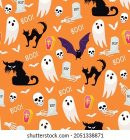 Halloween ghost seamless pattern on orange background. Cute halloween ghost and decoration pattern background. Halloween themes design vector illustration