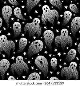 Halloween Ghost Seamless Pattern with Stars on Black Background- Halloween Ghost Vector Illustration