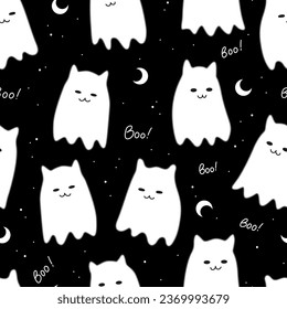 Halloween ghost seamless pattern. Vector background. Cute cat ghost.-01