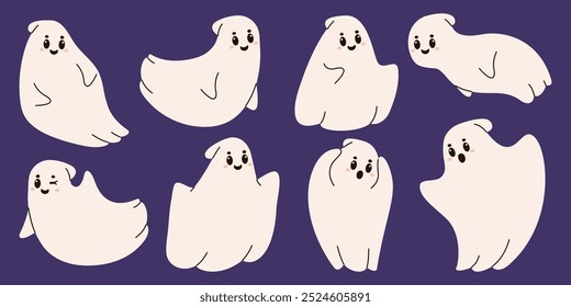 Conjunto fantasma de Halloween. Los fantasmas divertidos sonríen y se sobresaltan. Grupo de ilustración plana de Vector.