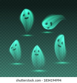 Halloween ghost set isolated on transparent background. Vector blue neon funny cartoon spirit silhouettes. Flying cute soul light effects