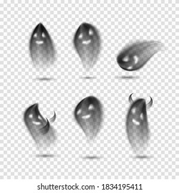 Fantasma de Halloween aislado en un fondo transparente. Siluetas de espíritu de dibujos animados con humo negro vectorial. Efectos oscuros lindos volando