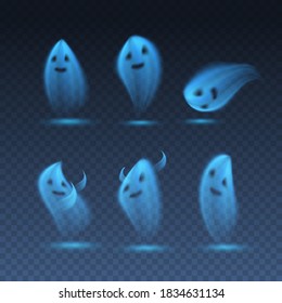 Halloween ghost set isolated on transparent background. Vector blue neon funny cartoon spirit silhouettes. Flying cute soul light effects