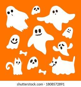 Halloween ghost set vector design  Cute funny ghosts   pet ghosts orange background  cartoon style