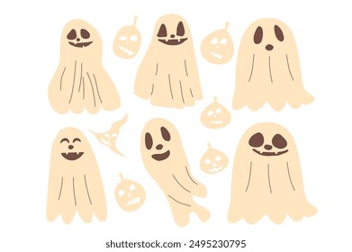 Halloween ghost set . Vector hand drawn flat illustration.