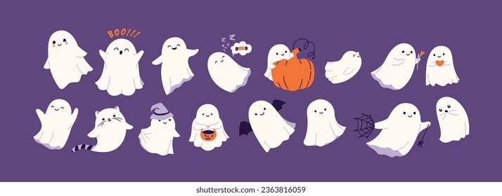 Halloween ghost set vector illustration. Cute funny happy spirits with different emotions, face expressions. Halloween phantom design isolated on dark background in simple modern flat cartoon style.