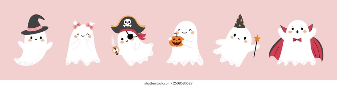 Halloween-Geisterset, Vektorgrafik. Süße Geister in verschiedenen Kostümen. Kinderunheimliche Bücherfiguren für Kinder. Urlaubsgeister im Oktober. Isolierte, flache Cartoon-Illustrationen von Comic-Phantomen.