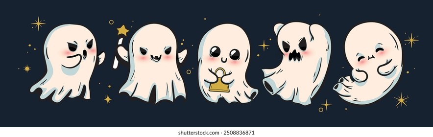 Ilustração do vetor do conjunto de fantasmas do Halloween. Espíritos alegres engraçados lindos com emoções diferentes, expressões de rosto. Feliz halloween fantasma design isolado no fundo escuro em desenhos simples modernos planos