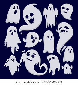 Halloween ghost set vector isolated. Mystery and darkness. Spooky fantasy demon, horror and fear.