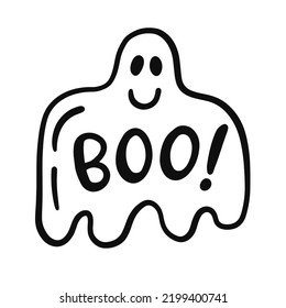 Forma de fantasma de Halloween, silueta de espíritu suave dibujada a mano, aislada en fondo blanco. Ilustración vectorial, arte de la línea de estilo Doodle monocromo.