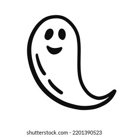 Halloween Ghost Shape, Hand Drawn Cute Spirit Silhouette, Isolated on White Background. Vector Illustration, Monochrome Doodle Style Line art.