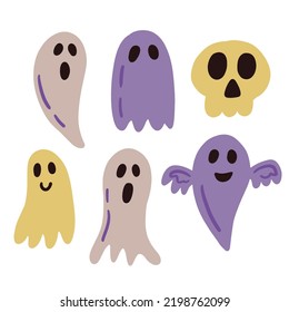 Halloween Ghost Shapes Set, Hand Drawn Cute Ghost Collection Silhouette, Isolated on White Background. Vector Illustration, Monochrome Doodle Style Line art.