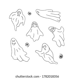 Halloween ghost silhouette character set. Spooky ghost in medical mask. Hand drawn doodle. Collection for celebration, coloring, template and decoration. Vector isolated on white background.