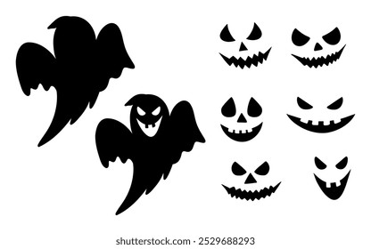 Halloween ghost silhouette illustrations set with different faces. Graphic monochrome drawing. Hand drawn outline sketch, engraved doodle illustration. For Halloween party invitation, decor, poster