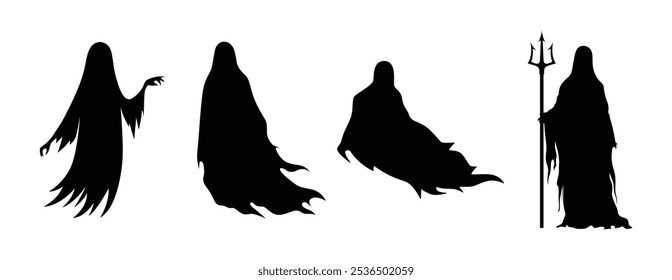 Halloween ghost silhouette set in black color. Ghost silhouettes. Halloween spooky flying mysterious phantoms, ghosted night shadows.