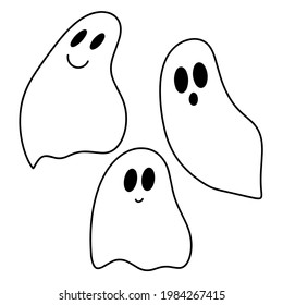 Halloween Ghost Silhouette Set, Ghost Collection, White Background, Vector Illustration, Doodle Style, Line Illustrations