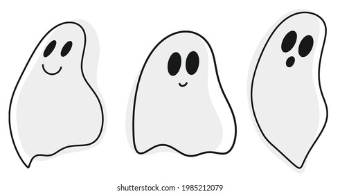 Halloween Ghost Silhouette Set, Ghost Collection, White Background, Vector Illustration, Doodle Style, Line Illustrations, color spots
