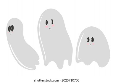 Halloween Ghost Silhouette Set, Ghost Collection, cute ghosts, White Background, Vector Illustration, Doodle Style, Line Illustrations, color spots. 