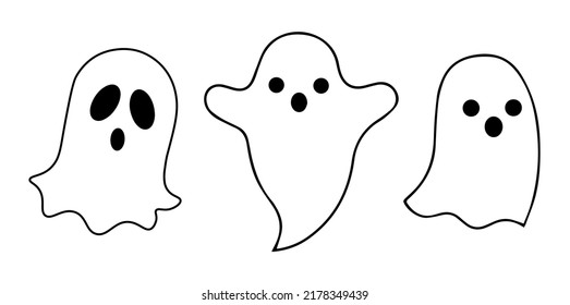 Halloween Ghost Silhouette Set, Ghost Collection, White Background, Vector Illustration, Doodle Style, Line Illustrations