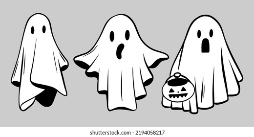 Halloween Ghost Silhouette Set, Ghost Collection, White Background, Vector Illustration, Doodle Style, Line Illustrations, color spots