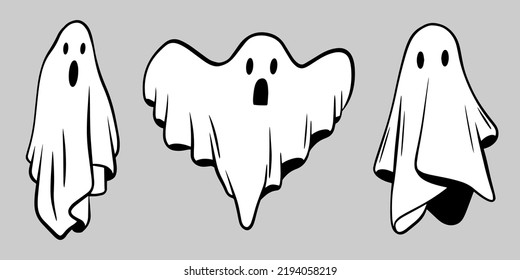 Halloween Ghost Silhouette Set, Ghost Collection, White Background, Vector Illustration, Doodle Style, Line Illustrations, color spots