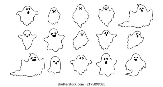 Conjunto de siluetas fantasma de Halloween, Colección de fantasma, fondo blanco, ilustración de vectores, estilo de doodle, ilustraciones de líneas