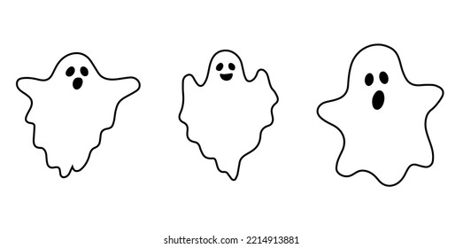 Halloween Ghost Silhouette Set, Ghost Collection, White Background, Vector Illustration, Doodle Style, Line Illustrations