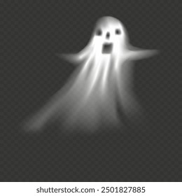 Siluetas de fantasma de Halloween aisladas para el Anuncio de otoño, Vector 3d fantasma blanco aterrador transparente con caras espeluznantes volando, Ghoul o monstruos espirituales, vacaciones de terror para el elemento de caída 