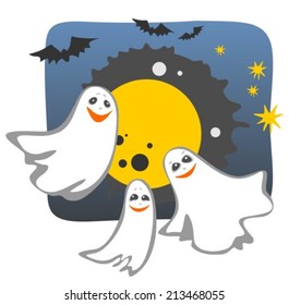 Halloween ghost silhouettes with moon and bats.