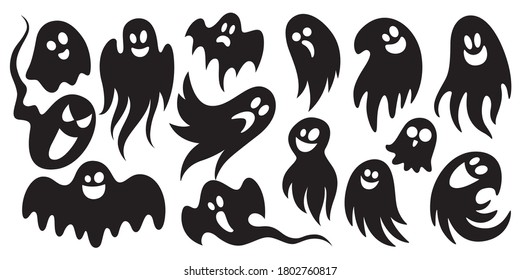 Halloween ghost silhouettes set. Black and white illustration. Isolated on white background. Element for design, decoration and other. Stock vector