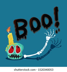 Halloween ghost skeleton points to the word boo, illustration vector cartoon